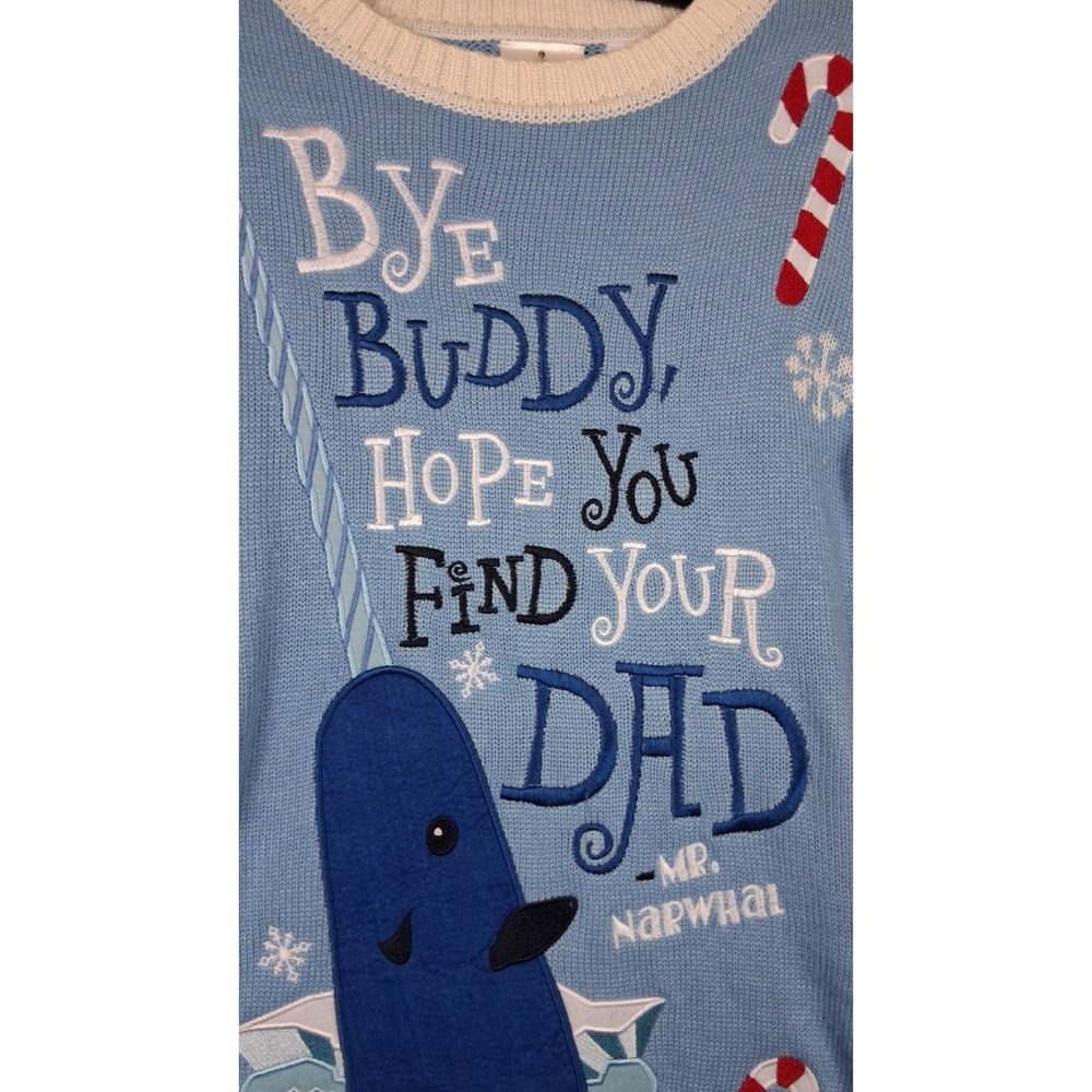 Elf Womens XS Sweater Blue Buddy Hope You Find Your Dad Narwhal Ugly Christmas